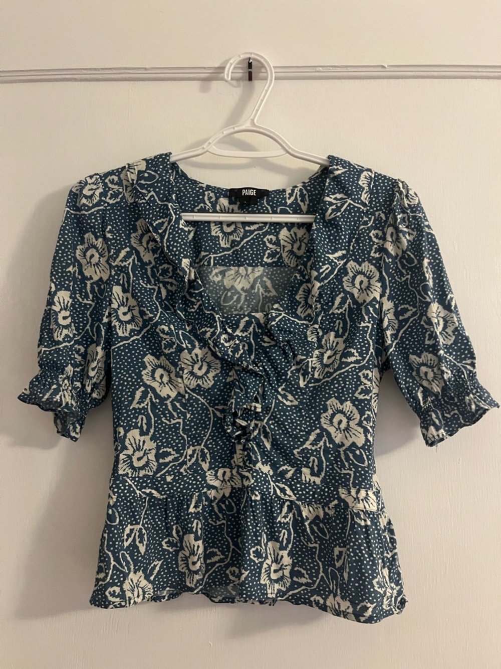 PAIGE Teal and Cream Floral Ruffle Top